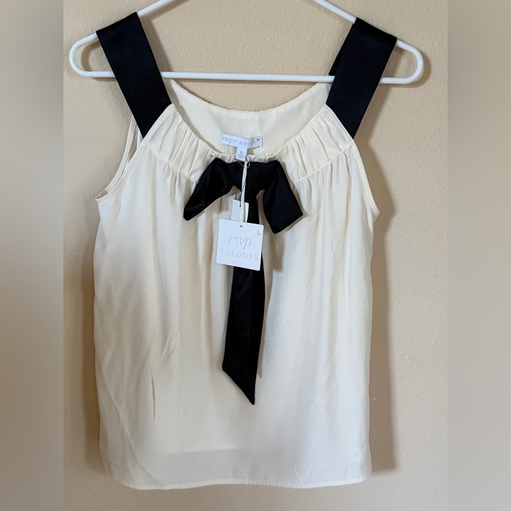 Talbots RSVP Sleeveless Silk Blouse Cream with Black Bow Accent Women’s Petite S - Picture 2 of 7